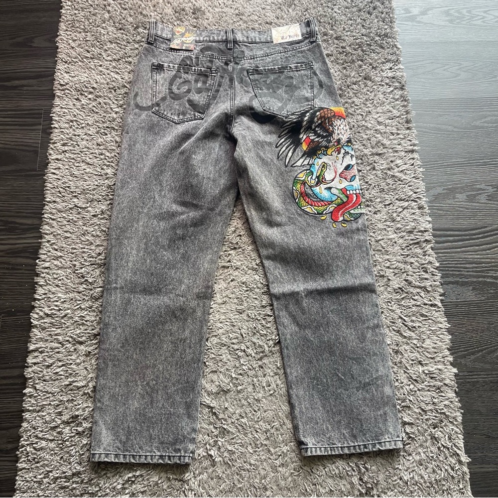 Ed Hardy Jeans Mens 34x31 Gray Charcoal Loose Fit Embroidered Logo